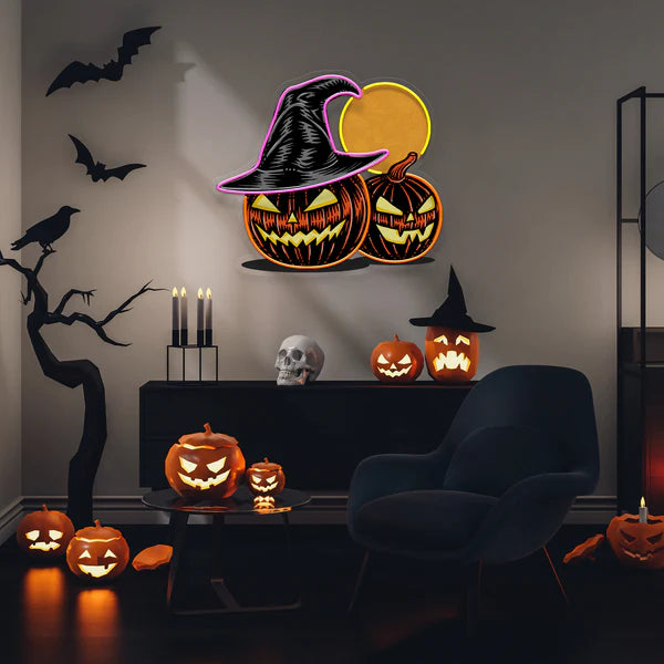 Witch And Moon Pumpkin Artwork Led Neon Sign Light