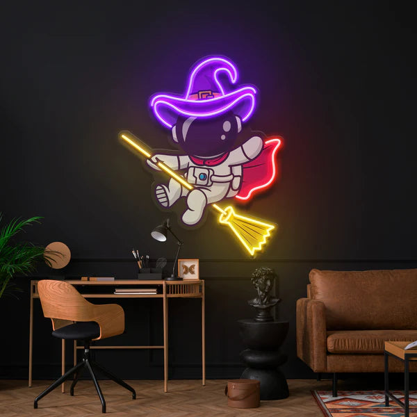 Witch Astronaut Halloween Artwork Led Neon Sign Light