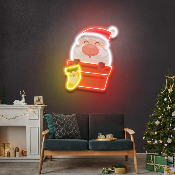 Santa With Sock Art Work Led Neon Sign Light