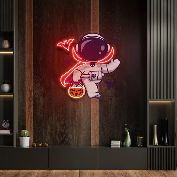 Cute Astronaut Dracula Halloween Artwork Led Neon Sign Light