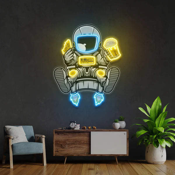 Astronaut Relax With Pizza And Beer Artwork Led Neon Sign Light