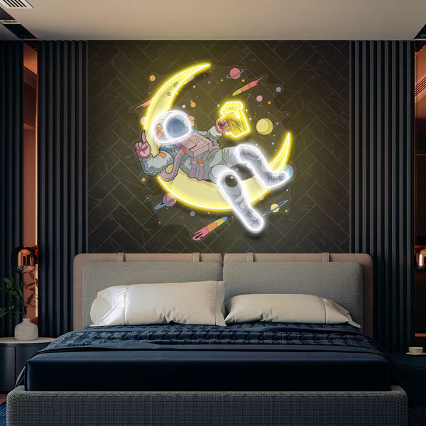 Astronaut With Beer On Moon Artwork Led Neon Sign Light